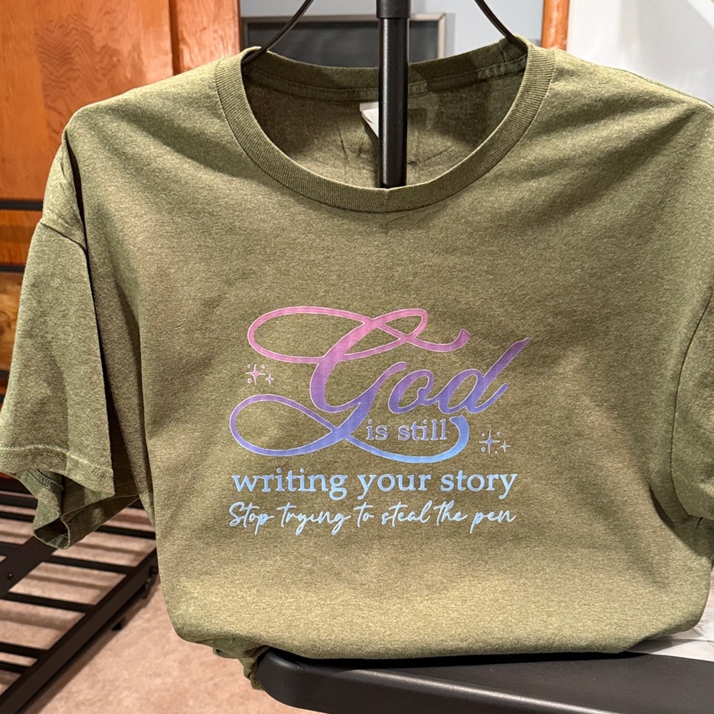 Hanes Olive Green Graphic Tee with Pink and Lavender Script